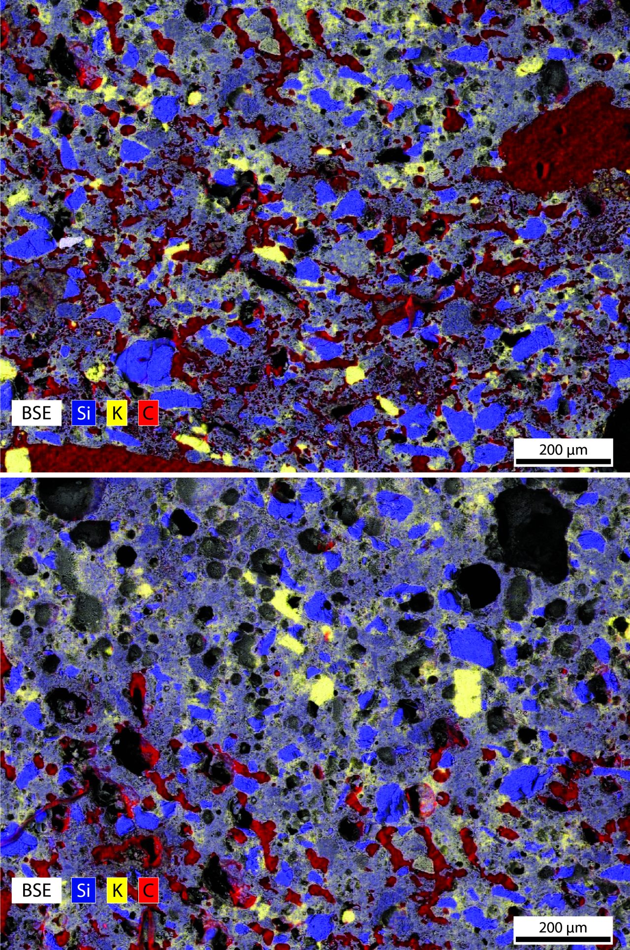 EDS compositional maps overlain on BSE images showing the transition showing the transition from the outer zone of the ceramic vessel through to an intermediate domain closer to the vessel interior. While the mineral types making up the temper (e.g., quartz, K-feldspar) do not change, the abundance of organic material (here mapped as C in red) rapidly decreases and the abundance of bubbles increases.