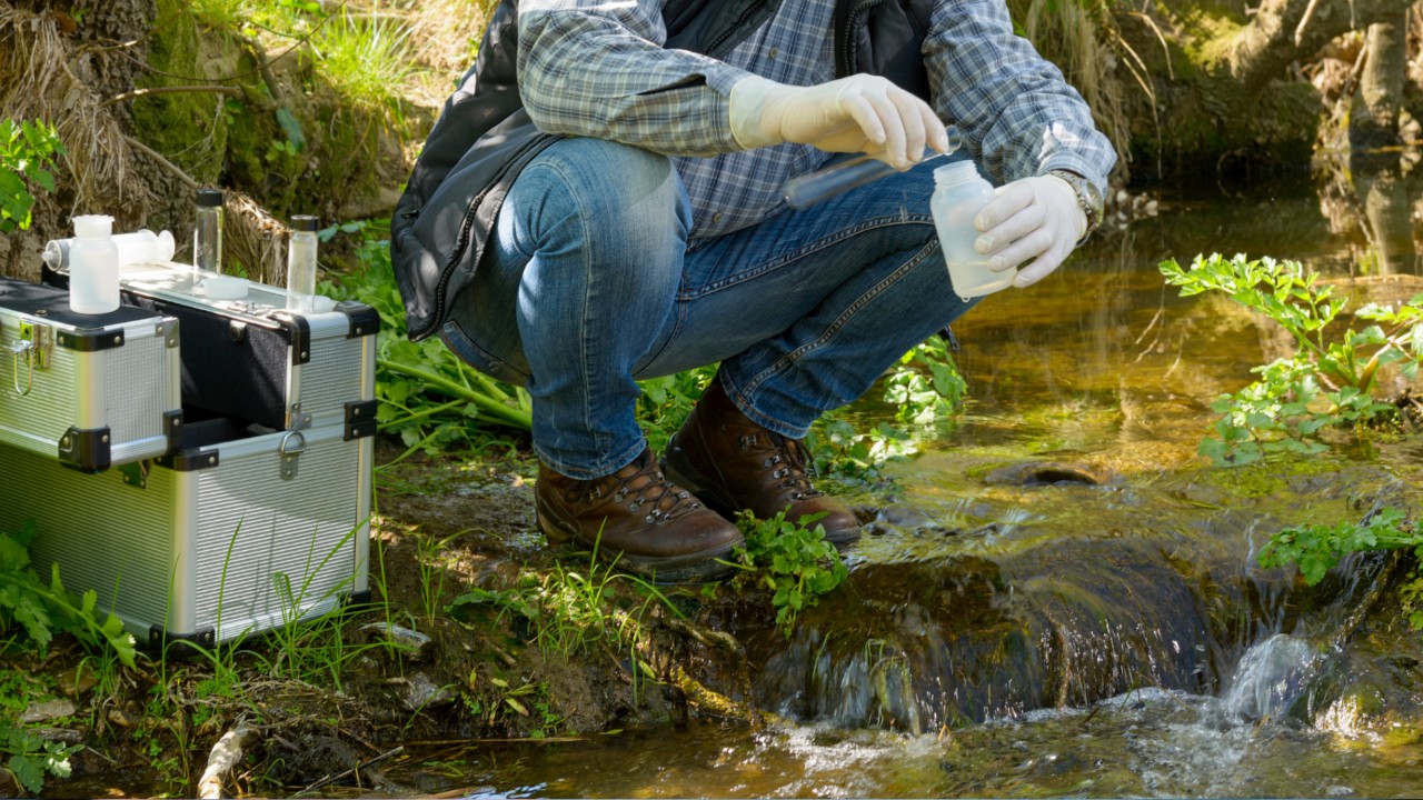 A scientist takes a water sample from a stream.