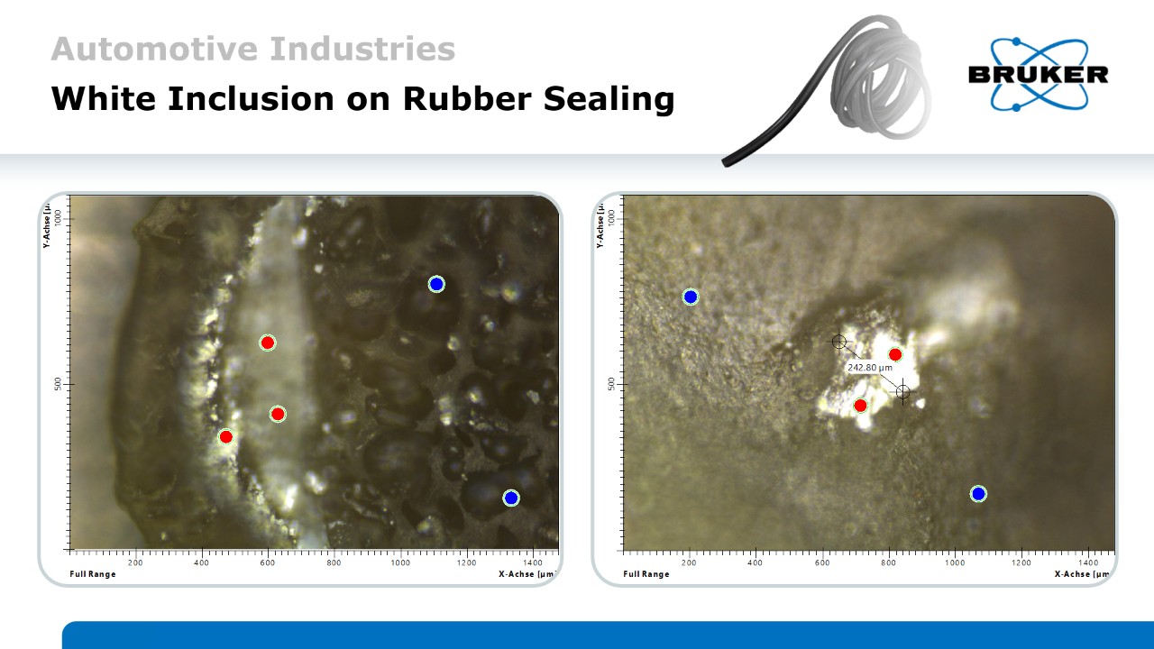 Two pictures of black polymers showing white inclusions to be analyzed by FT-IR Microscopy