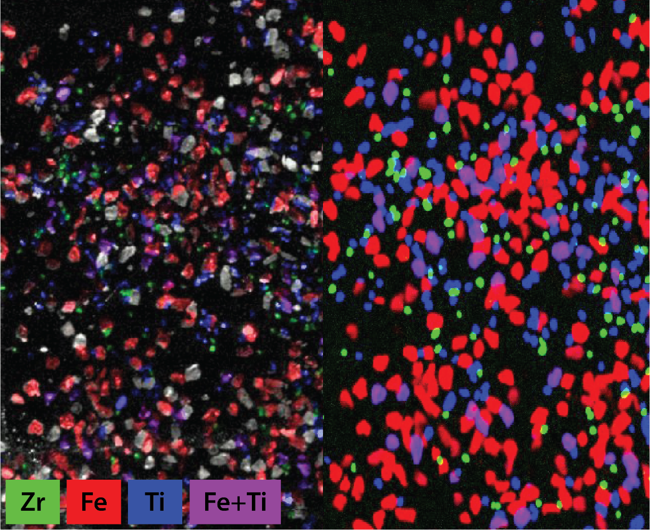 Rapid-scan micro-XRF element map of a heavy mineral concentrate. Left: elements overlying a video mosaic image of the sample;Right: elements only