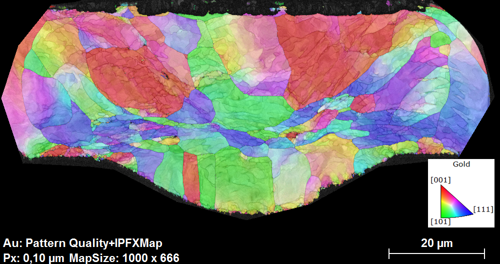 EBSD orientation distribution map of the heat affected gold bond. Very high indexing rate (>95%) is achieved at fast speed measurement. No carbon coating was applied. Grain size vary from 200 nm to 22 µm.