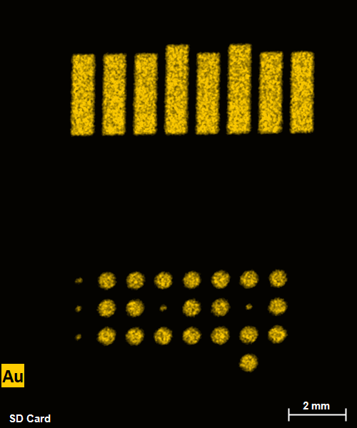 Micro-XRF on SEM elemental map of gold distribution in an SD card. 