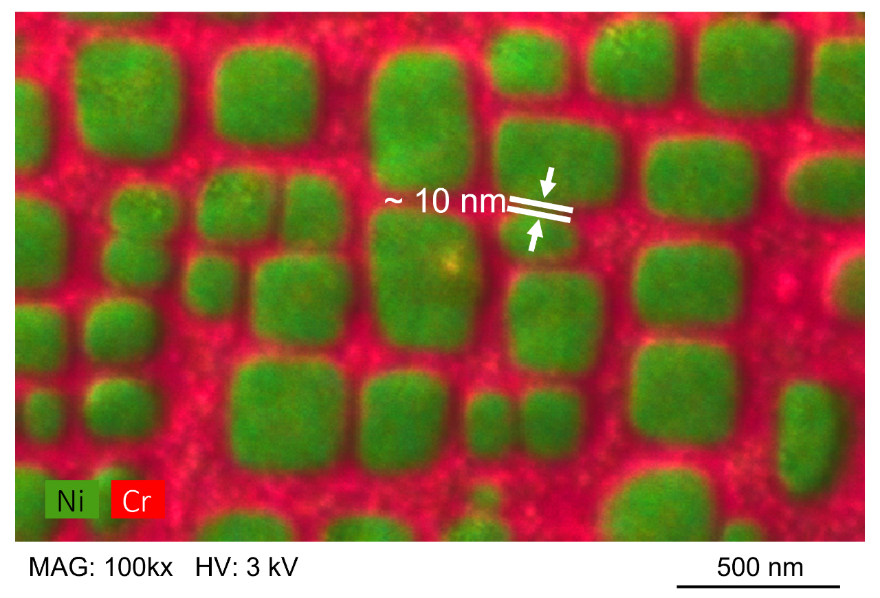 图2：纳米级SEM图像中镍基单晶合金的高分辨率Ni，Cr元素面分布