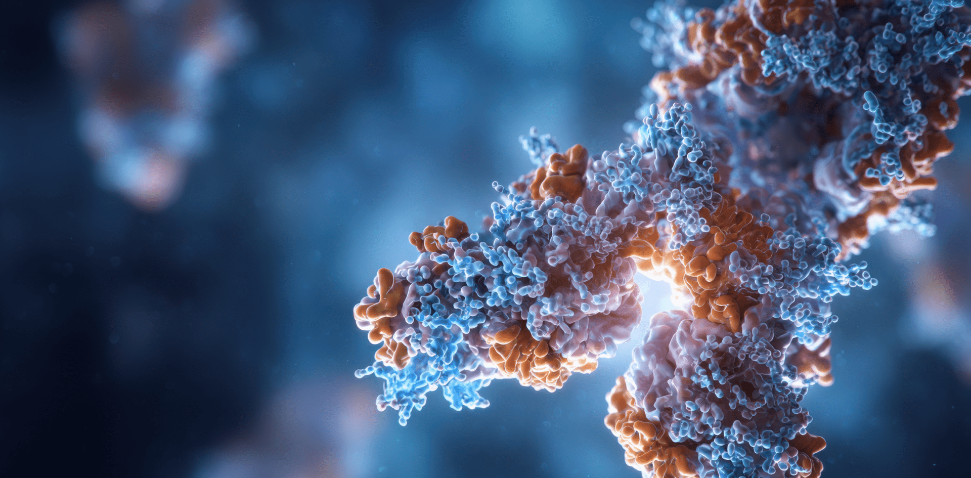 ultra realistic 3d render of antibody molecule binding to virus particle, detailed microscopic view, glowing protein structure, scientific accuracy