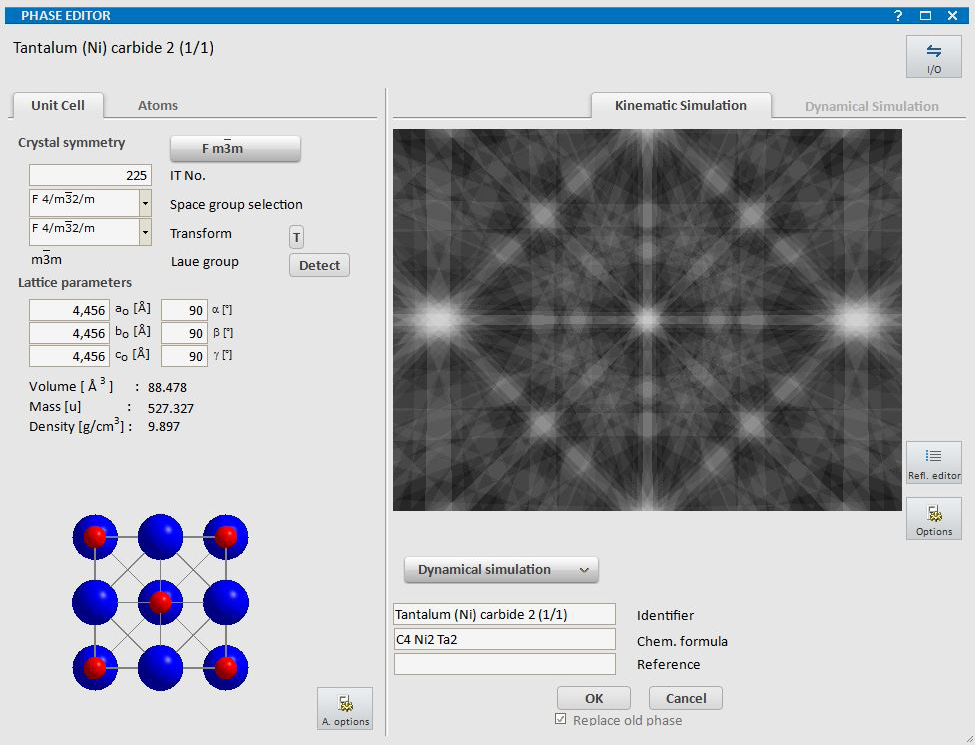 Crystallographic information of Tantalum Nickel carbide phase, cubic NaCl structure, with the unit cell and the corresponding spherical Kikuchi pattern (kinematic simulation). 