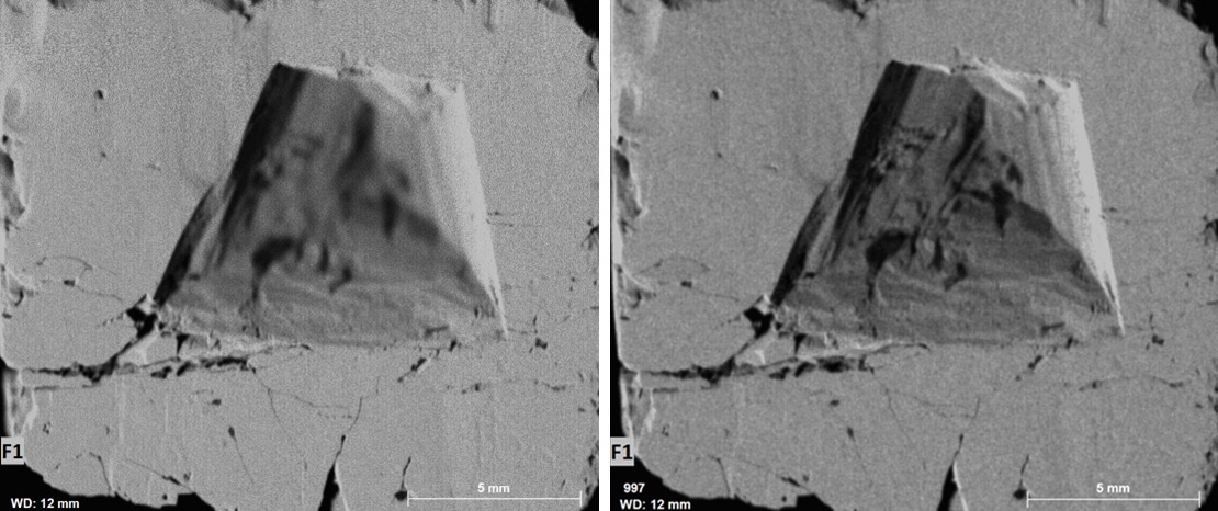 Image of two pyrite samples of high topography - one captured without an AMS, the other with an AMS. Topographical features are more prominant in the image captured using AMS