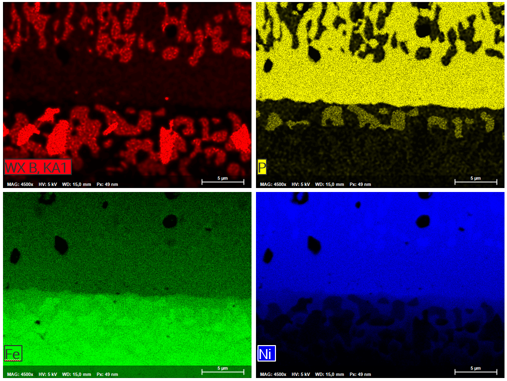 Single element distribution maps of the same field of view as shown in precedings image for boron (WDS, upper left), phosphorus (EDS, upper right), iron (EDS, lower left) and nickel (EDS, lower right). 