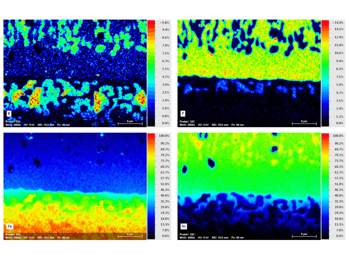 Quantified map results showing selected element contents (wt%) in palette colors. From upper left to lower right: boron (WDS), phosphorus (EDS), iron (EDS) and nickel (EDS). 