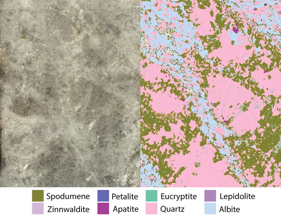 A slab of rock is shown on the right. On the left a micro-XRF image processed with AMICS software is shown. All of the different minerals are classified and shown in different colors.