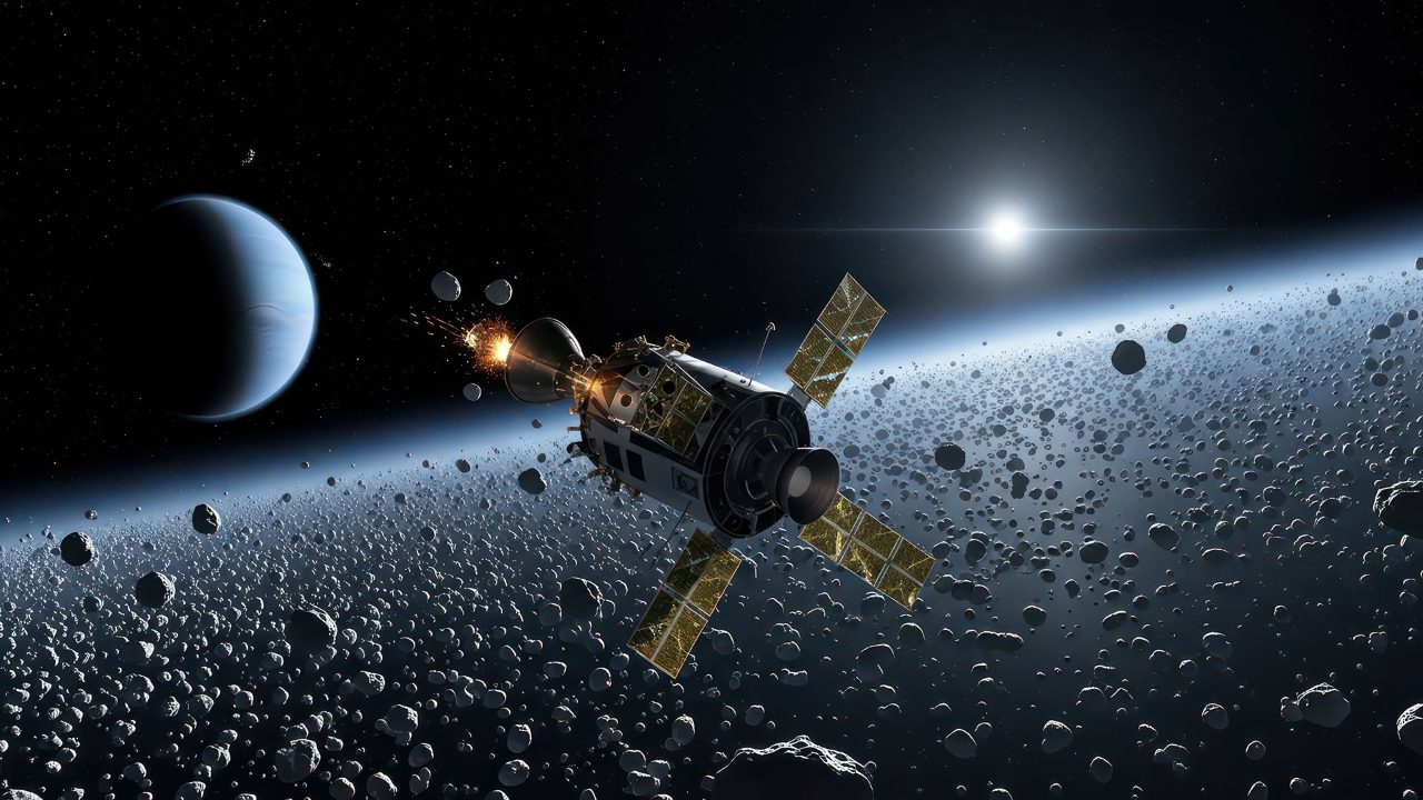 Spacecraft Explores Asteroid Field Near Distant Planet with Bright Star.