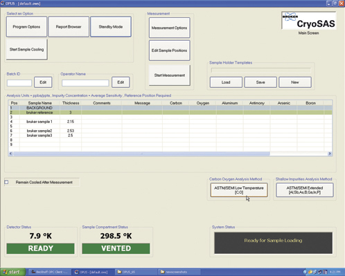 Logiciel du CRYOSAS affichant les échantillons actuellement chargés et les méthodes d’analyse choisies.