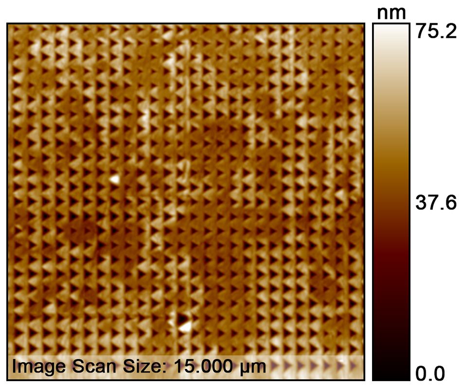SPM topography of 100×100 indent pattern; 15×15 μm scan within 60×60 μm area showing nanoscale surface features.