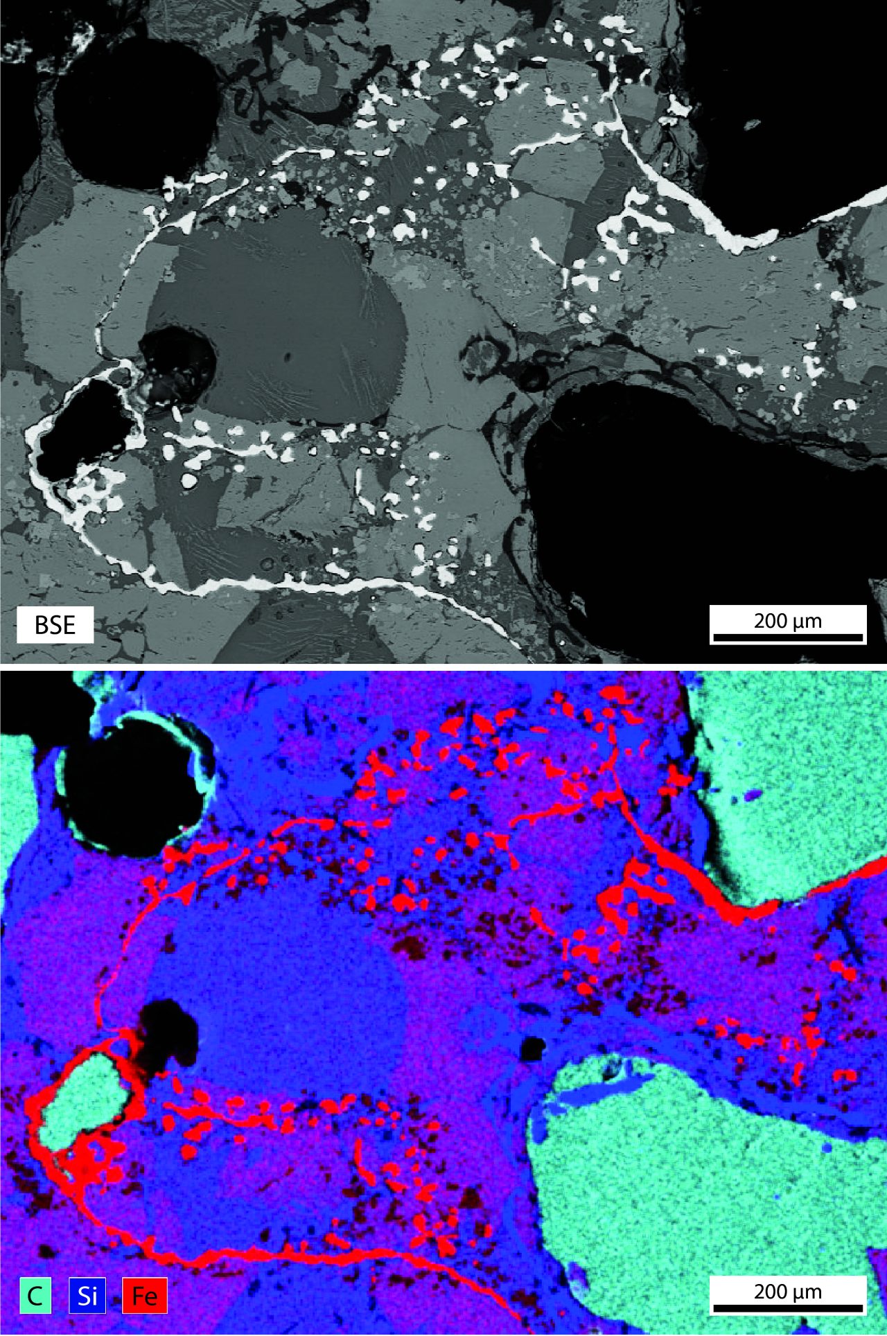 An example of a furnace ceramic generated in an experiment to reproduce conditions used for iron smelting. The bright areas in the upper image correlate with high iron contents (red in the lower image), and show infiltration of molten metal into the vessel walls. 