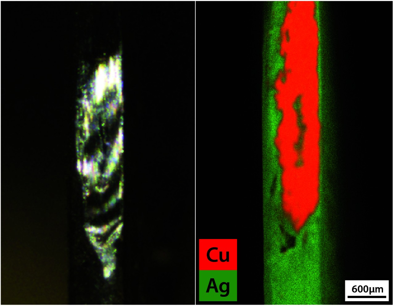 The micro-XRF element map collected using the M4 TORNADO illustrating the Cu-rich core and Ag-rich exterior