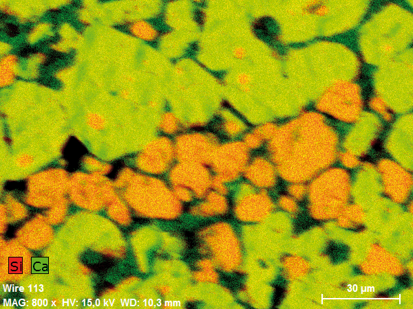 Overlay of Si and Ca element maps (belite: orange, alite: yellowish green)