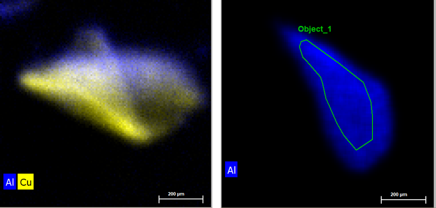 Map of different Al flakes. The sample is thickest where the color signal is brightest. The left pictrue shows an Al particle of roughly 500 µm width. This particle is folded, whis from the optical image was not apparent. The right pictrue shows an even smaller particle which overall is thicker than the first sample. The thickness information is obtained easiest by a quick Map of the whole particle.