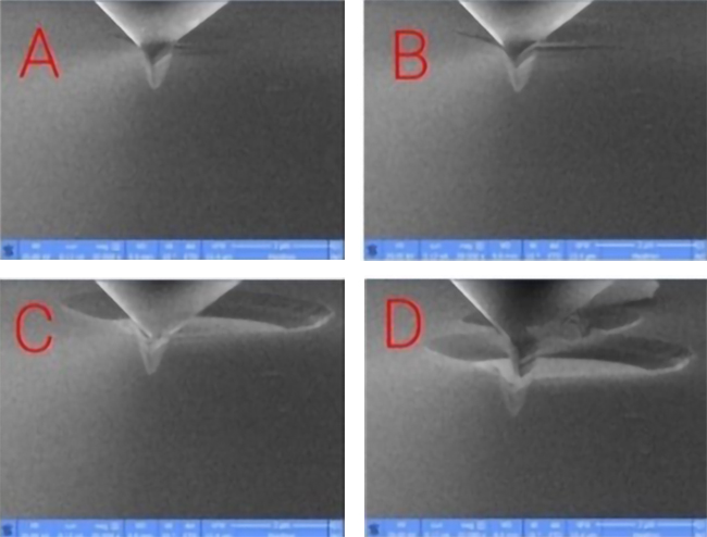 Four labeled screen capture images of the picoindenter and sample during a ramped normal load scratch test