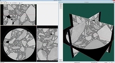 Three orthogonal virtual slices through a sample of concrete