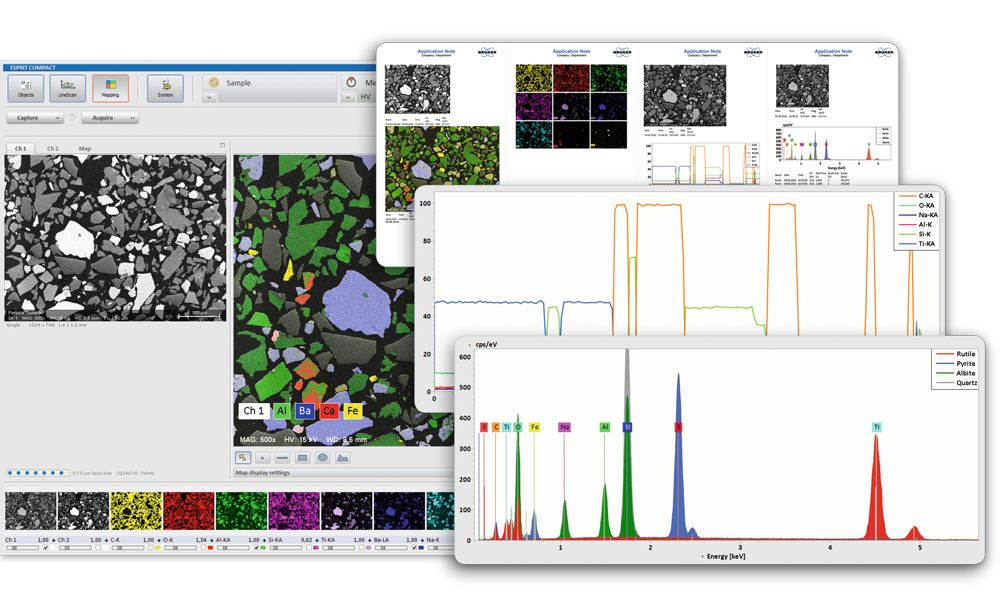 ESPRIT Compact software with mapping, report, line scan, and spectrum (from left to right).