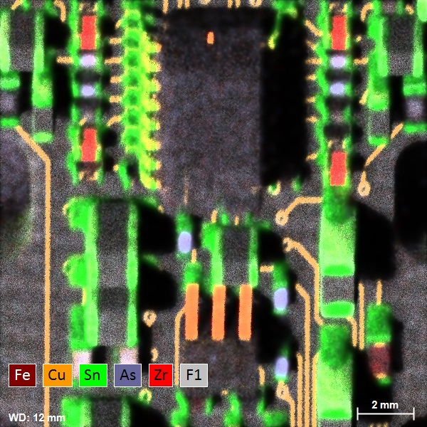 Zoomed in elemental map of PCB features demonstrating how micro-XRF on SEM can be used for the analysis of samples with topographic features whilst retaining high resolution