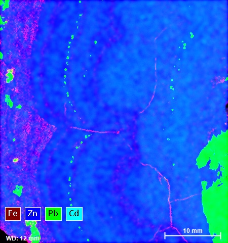 Elemental map of a sphalerite ore containing lead, iron and cadmium