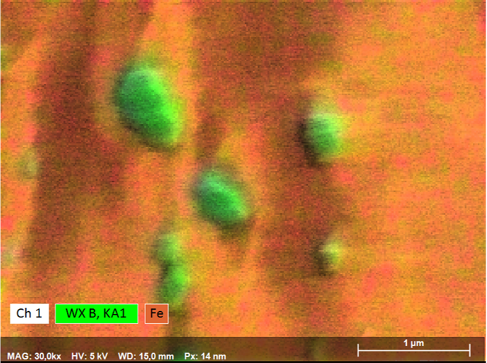 Composite EDS/WDS elemental map showing cementite inclusions, which contain trace boron levels, in steel