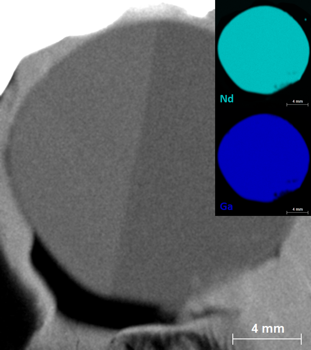 Twinning in a NdGdO3 crystal. The simultaneous measurement of stoichiometry (inset at the top-right) and crystal domain distribution is a vital step for quality control of manufactured crystals.