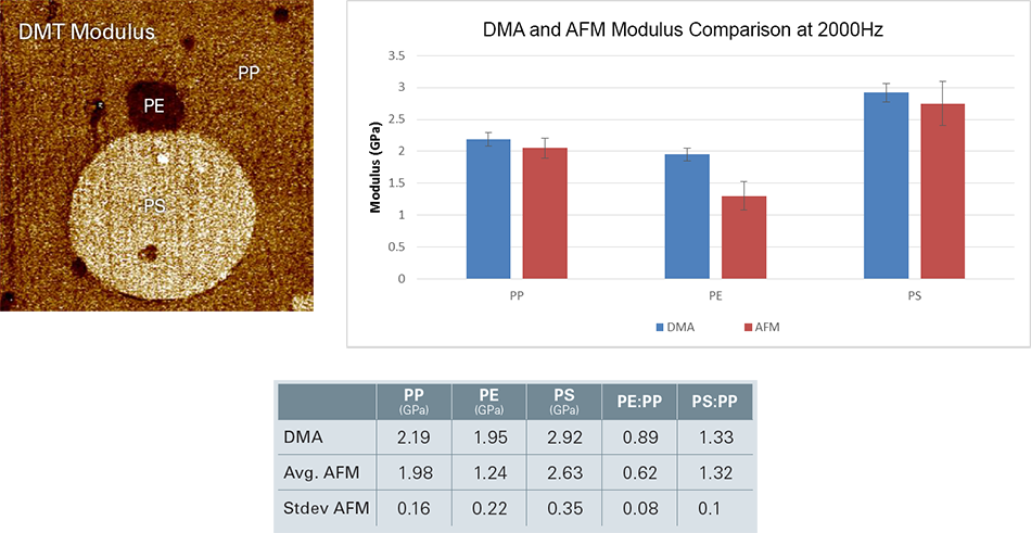 PeakForce QNM imaging of PS, PE, and PP tri-polymer blend using five cantilevers, compared with DMA values including 5% error margin.