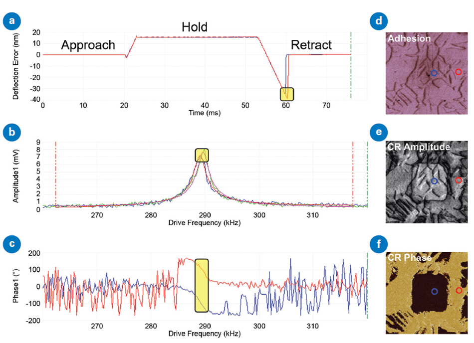 Diagram illustrating DataCube (DCUBE) CR-PFM of a PMN-PT ferroelectric sample. The first sub-image (a) displays typical force vs. time plots with 30 ms hold segments where frequency is swept and highlighted pull-off points for adhesion map. The second sub-image (b) shows PFM Amplitude spectra from hold segment with highlighted peaks used to calculate CR Amplitude, Frequency, and Q. The third sub-image (c) displays PFM Phase spectra used to determine CR Phase with a region of CR highlighted. The fourth sub-image (d) shows an adhesion map with approximate locations of curves in (a). The fifth sub-image (e) showcases a CR Amplitude map with locations of curves in (b). The sixth sub-image (f) displays a CR Phase map with locations of curves in (c).
