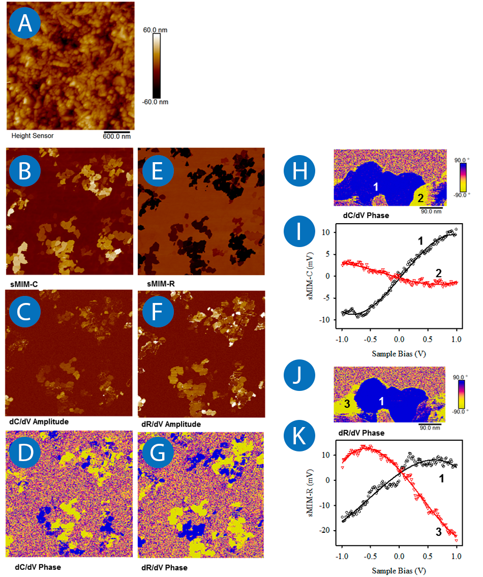 sMIM imaging of γ-Fe2O3 nanoparticles showing topography, capacitance, resistance, dopant polarity, and site-specific spectroscopy.