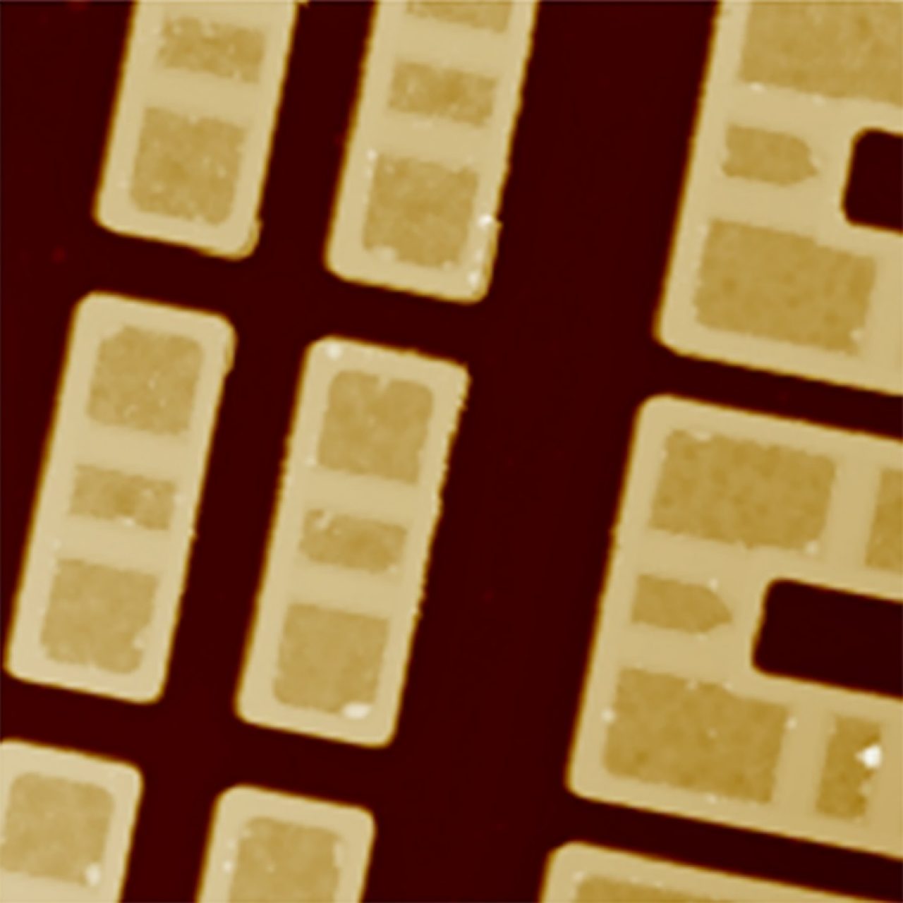 Surface structure of a static random-access memory (SRAM) sample imaged with ScanAsyst Plus in TappingMode, using a TESPA probe. Image size 20 µm.