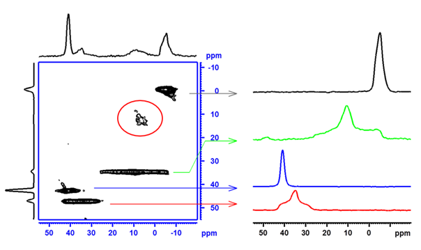 Figure 7: MQMAS spectrum of an AlPO4-14 sample. The spectrum shows four regular sites and one impurity (marked with the red circle) and illustrates a potential quality control application.