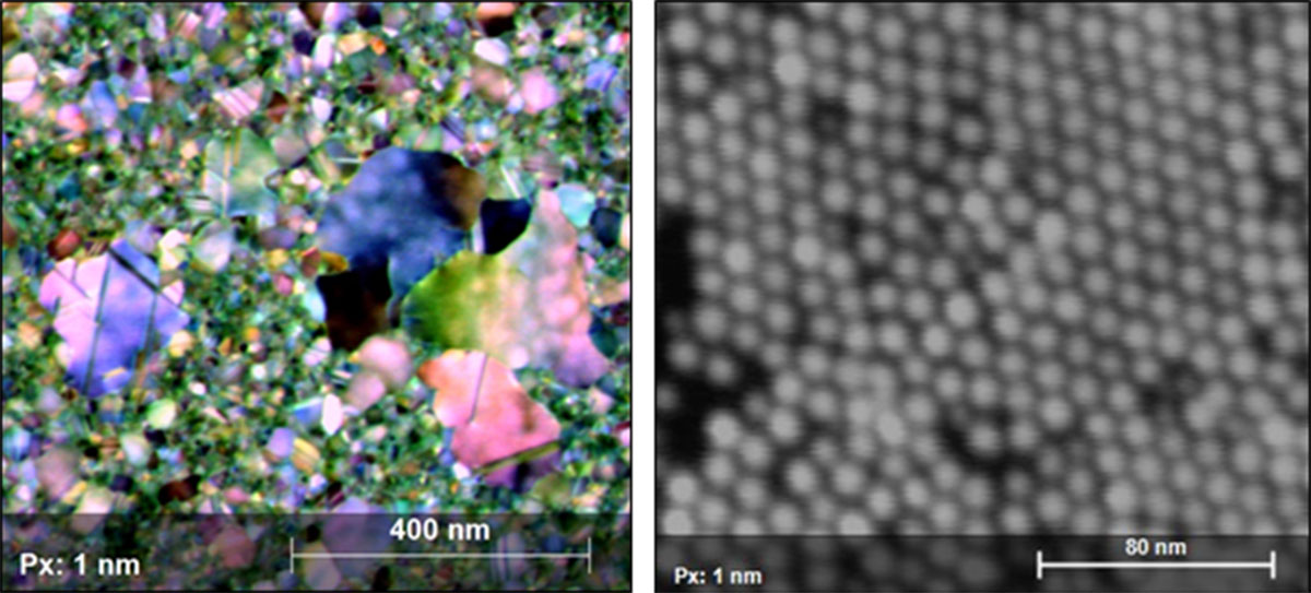 20nmのAuフィルムとポリマーリガンドによって結合されたPtNiナノ粒子から取得された偽色の明視野像（左）と暗視野像（右）。