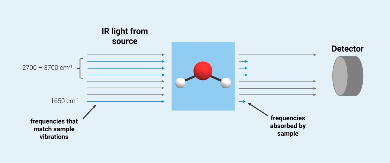 Infrared light hits a water molecule, is absorbed and directed at a detector. It is indicated, that some of the radiation is absorbed and is therefore not reaching the detector.