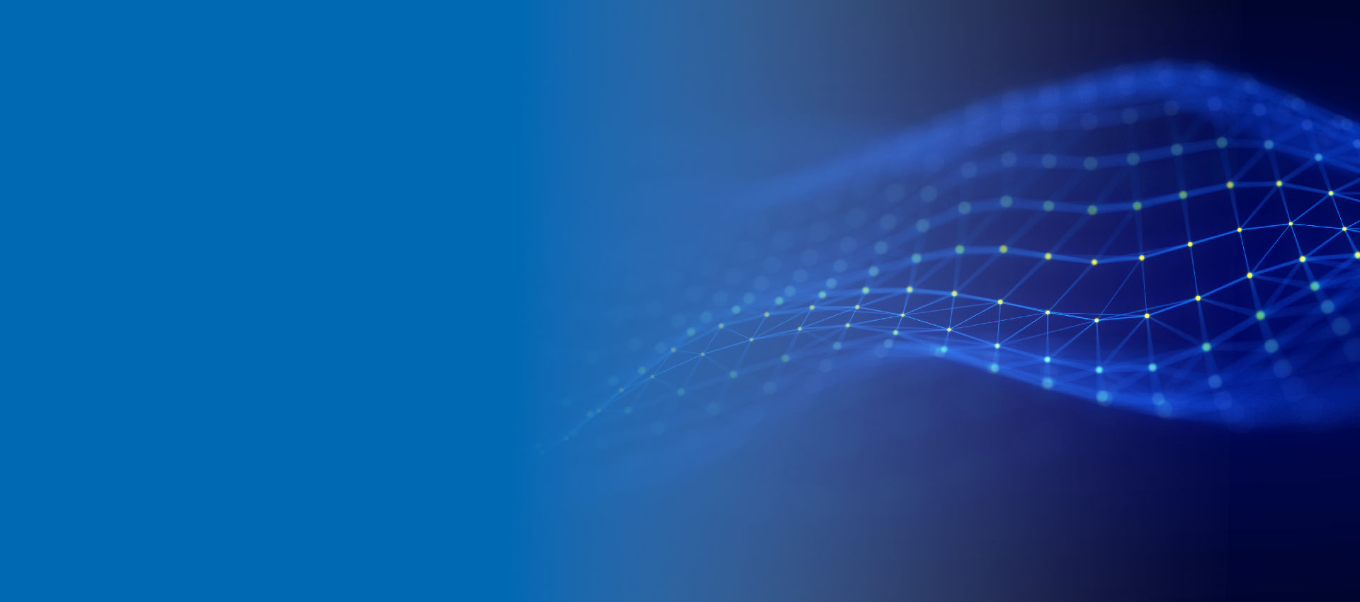 Abstract blue digital network wave made of glowing interconnected lines and nodes on a dark navy background.