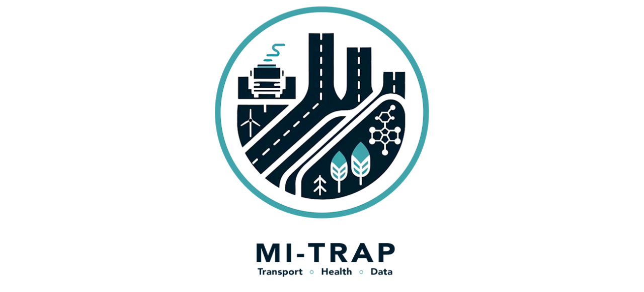 Logo of the MI - TRAP Initiative which shows roads bus with emissions and nature