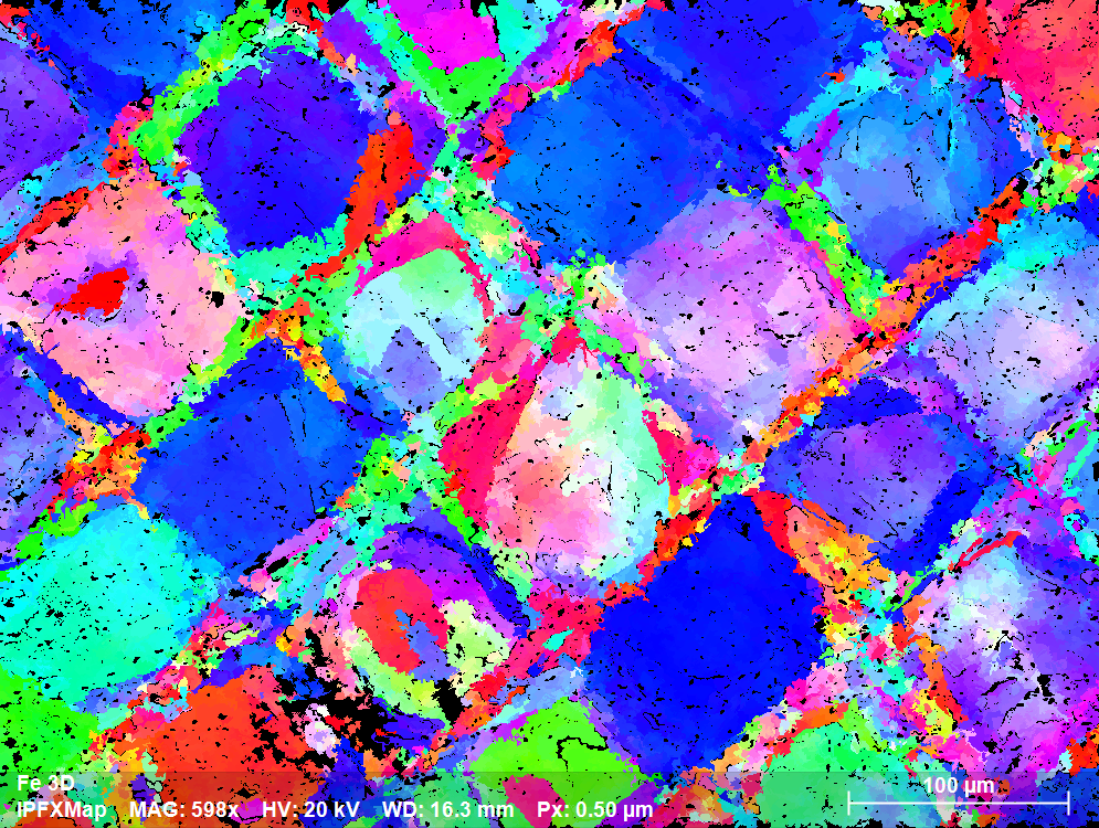그림 3: 재구성된 RAPID EBSD 측정(세분화 사용)에서 의방향 분포 결과(IPF X 맵). RAPID EBSD 측정은 도 4에서 5배 더 빨랐다.