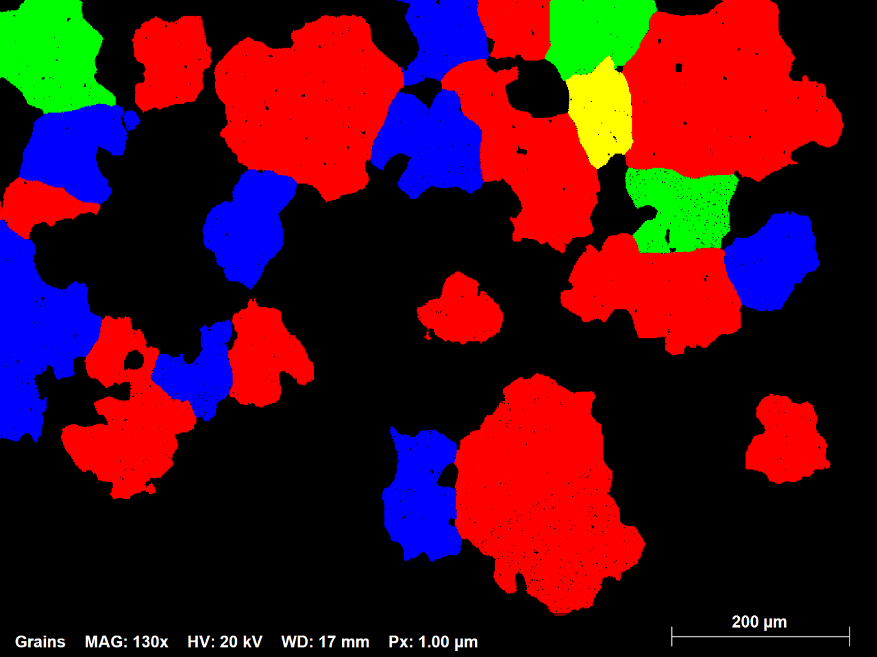 도 1.3: 70미크론보다 직경이 큰 모든 곡물을 임의색상으로 보여주는 Ni 합금 EBSD 맵의 하위 집합; 총 곡물 수의 1%는 맵 영역의 ~42%를 나타냅니다.