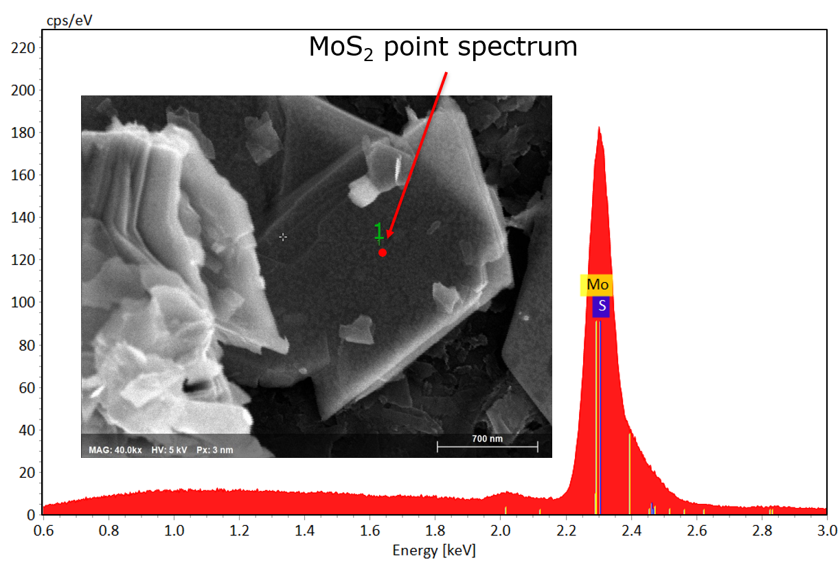그림 1: MoS2의 SEM 이미지 및 포인트 스펙트럼