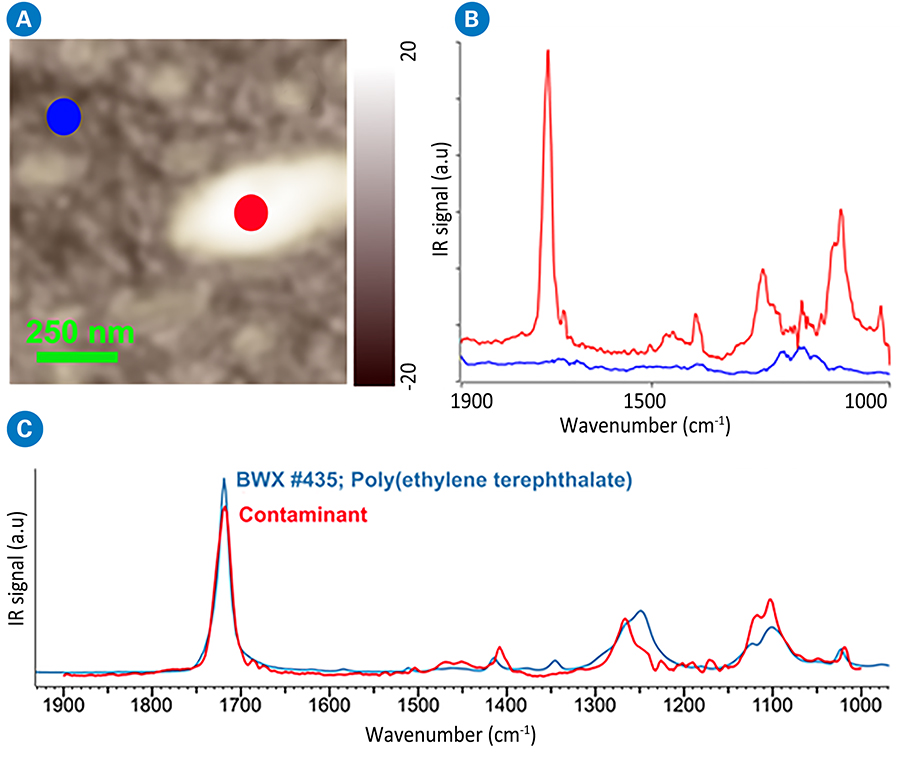 AFM-IR defect inspection; photothermal AFM-IR spectra of nano-contaminant on bare silicon wafer