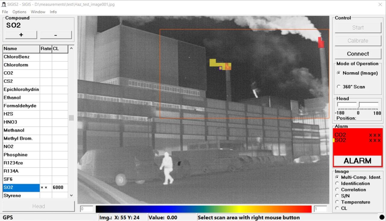User interface of SIGIS 2 software OPUS RS/S. In this example CO2 and SO2 clouds emitted from two smokestacks are identified and visualized.