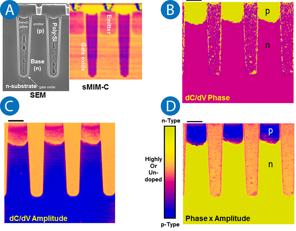 SEM and sMIM analysis of IGBT cross-section showing material contrast, dC/dV phase, amplitude, and SCM-like composite imaging.