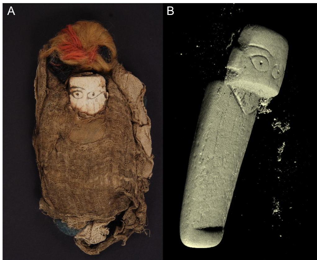 Photograph of the doll artifact (A) and a 3D rendering of its body (B)