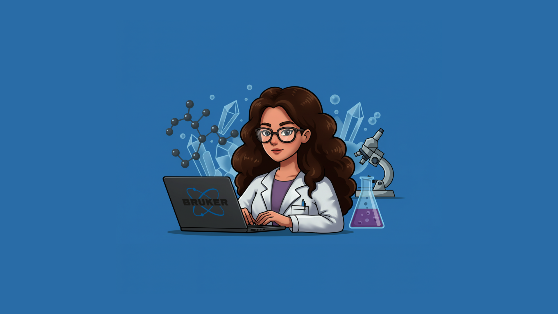cartoon of a woman sitting infront of a laptop giving an online crystallography tutorial.  A microscope, crystals and molecular crystal structures can be seen.