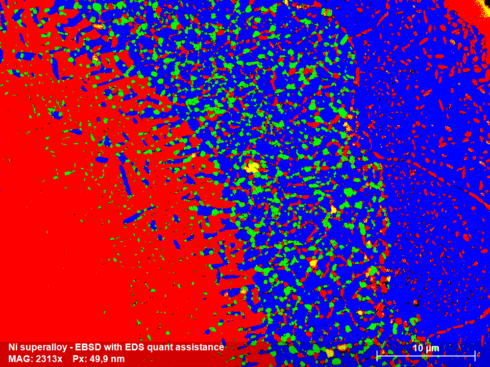 EBSD phase map with EDS-assistance: all phases are distinguished with the assistance of EDS. Indexing rate of 98,6%, with no misindexing and the fine carbides are well resolved. EDS-assisted EBSD indexing can be done live at the SEM or offline, allowing to correct or complete the measurement at anytime, without requiring spending extra time at the SEM. 