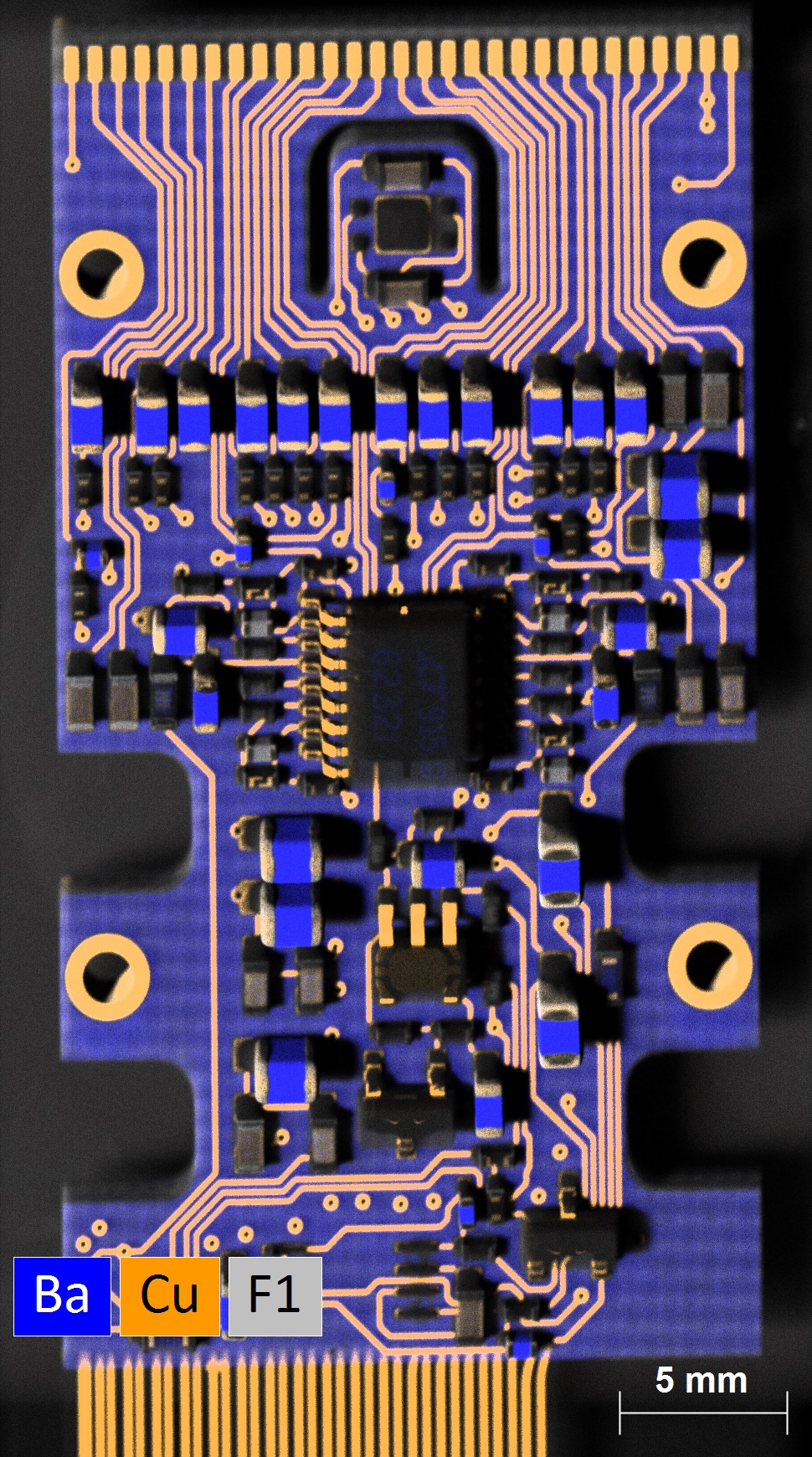 Elemental map showing how copper, tin, nickel, silicon, bismuth, zirconium and barium are ditsributed across the different components of a PCB