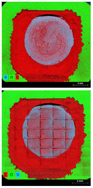 Elemental maps of credit card chip taken using SEM EDS with and without a rapid stage. The images show the use of a rapid stage results in better imaging.