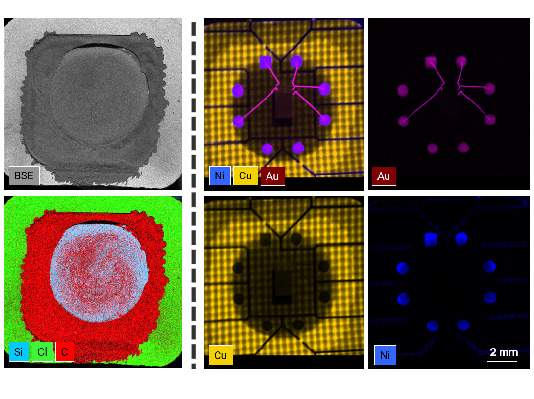 Elemental maps of a credit card chip taken using EDS and micro-XRF on SEM - internal structures composed of nickel, copper and aluminium can be seen using micro-XRF on SEM.