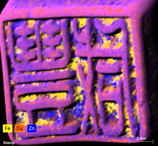Elemental map of the Qing Dynasty stamp showing how iron copper and zinc are distributed throughout. The map shows large variations within local compositions. 