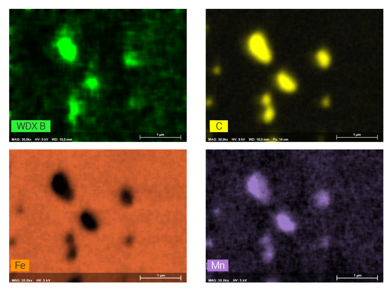 Four single element distribution maps showing how boron, carbon and manganese are all present in the precipitated cementite phase whereas the bulk of the steel contains iron